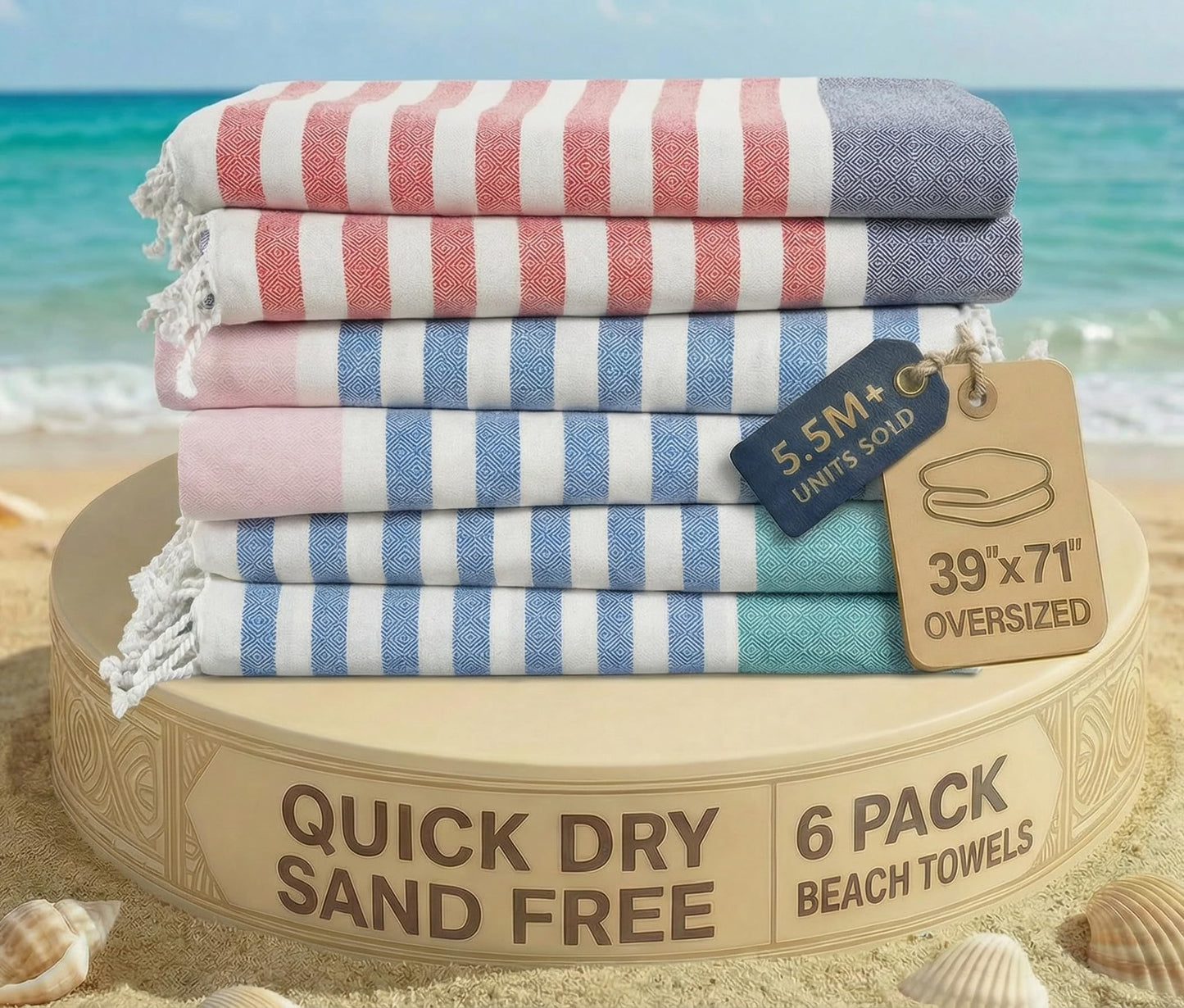 LANE LINEN Beach Towels 6 Pack, Cotton Rich Turkish Towels Oversized, Pool Towels For Adults, Pre-Washed, Sand Free Towel