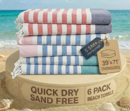 LANE LINEN Beach Towels 6 Pack, Cotton Rich Turkish Towels Oversized, Pool Towels For Adults, Pre-Washed, Sand Free Towel