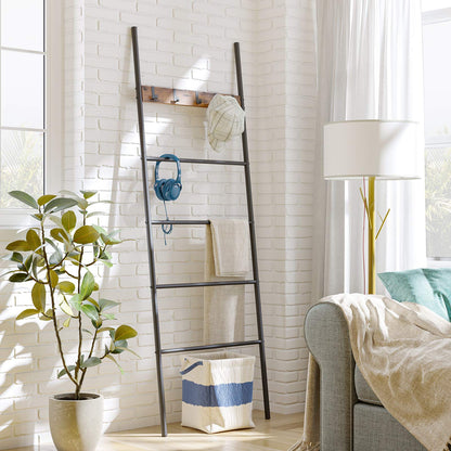 HOOBRO Towel Ladder, Blanket Ladder, Leaning Ladder Rack, Bathroom Towel Rack, with 5 Crossbars and 5 Hooks, Strong Storage Function, Metal Frame