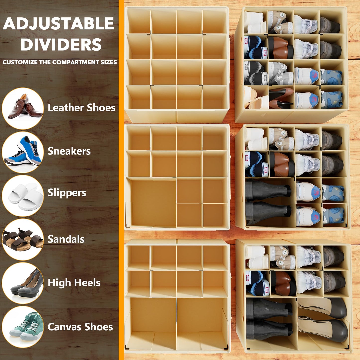 SpaceAid Shoe Organizer for Closet, 2 Pack Foldable Shoe Storage Containers Baskets Boxes Bins w/Adjustable Dividers, Fits 16-32 Pairs, Beige
