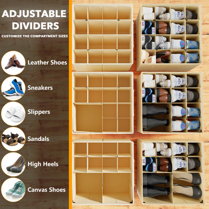 SpaceAid Shoe Organizer for Closet, 2 Pack Foldable Shoe Storage Containers Baskets Boxes Bins w/Adjustable Dividers, Fits 16-32 Pairs, Beige