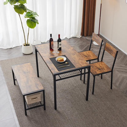 Bonnlo 4 Piece Dining Table Set for 4, Kitchen Table with 2 Chairs and a Bench, Space Saving Small Dining Set with Storage Shelf
