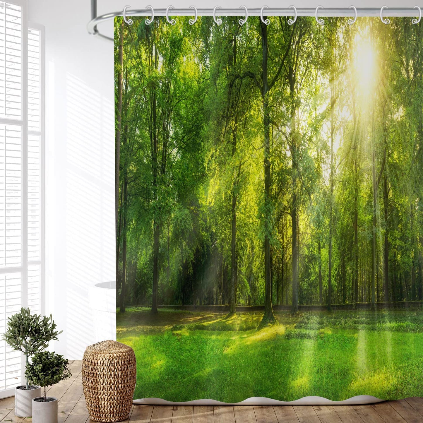 ASDCXZ Shower Curtain Forest 180x200 cm, Natural Landscape Green Forest Sunshine Motif Waterproof Textile Bath Shower Curtains Washable Polyester
