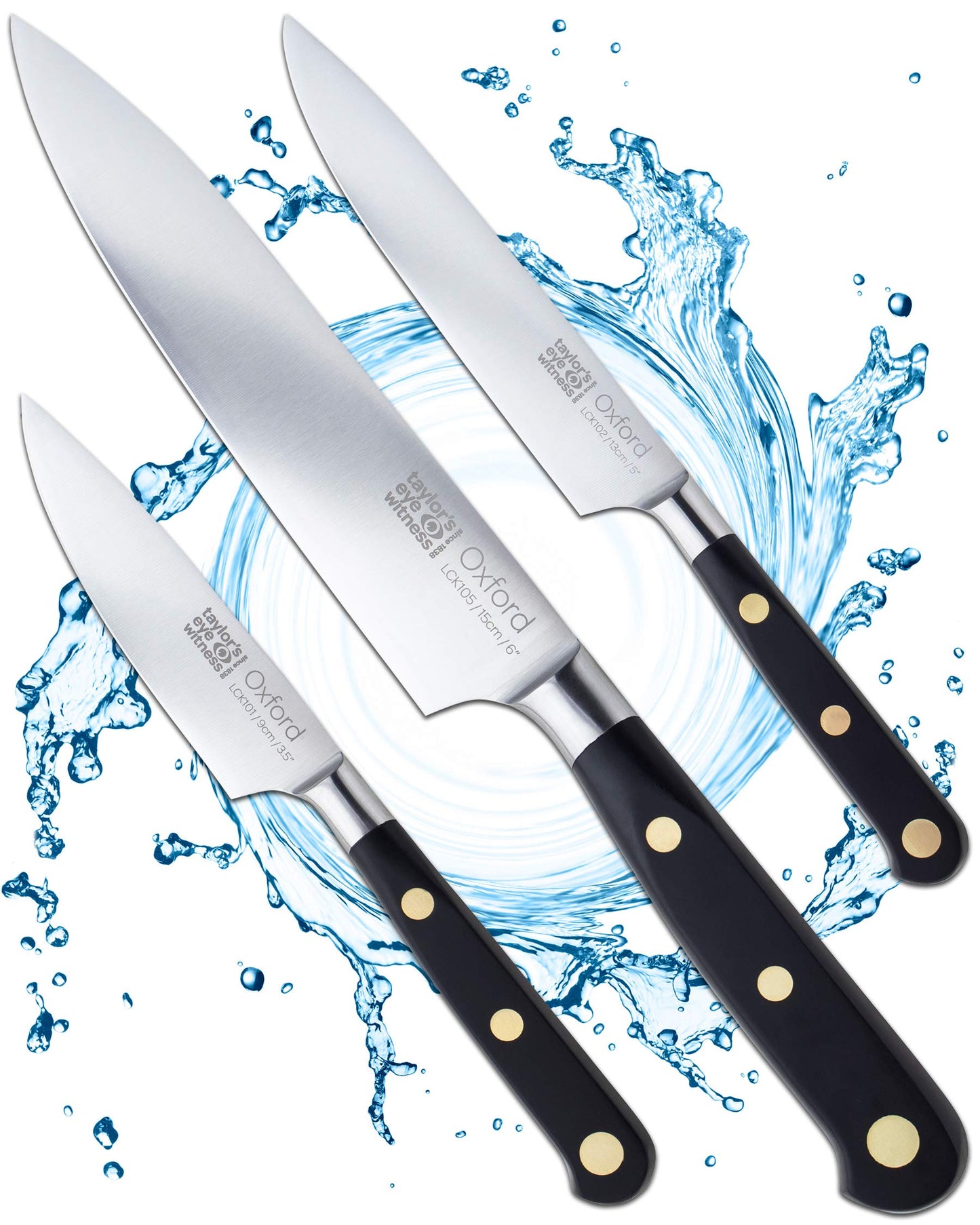 Taylors Eye Witness Oxford Kitchen 3pce Knife Set - 9cm/3.5? Paring, 13cm/5? Utility, 15cm/6? Chef Knives. Full Tang Blade, Razor Sharp, Stainless
