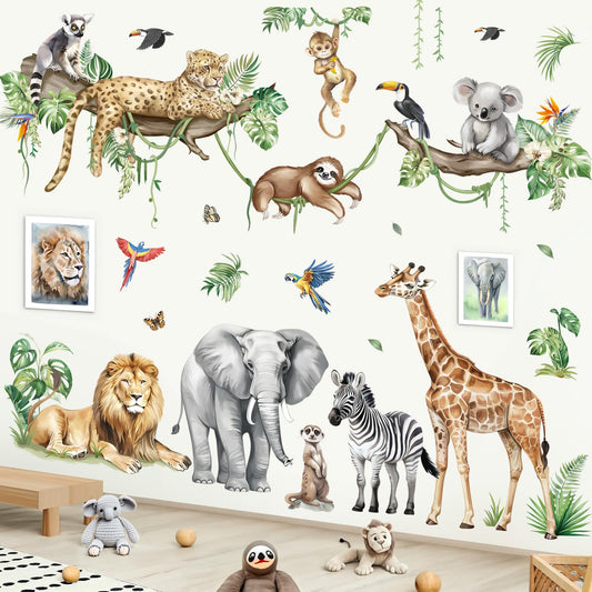 decalmile Large Jungle Animals Tree Branch Wall Stickers Safari Elephant Giraffe Leopard Tropical Leaves Wall Decals Baby Nursery Kids Room Wall