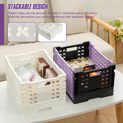 Spesh 2 Pcs Collapsible Crates Storage Boxes Plastic Foldable Crates Stackable Folding Storage Baskets for Home Kitchen Office(White, 30x22x18cm)