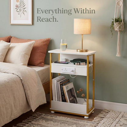 YEAKOO Narrow Side Table With Charging Station, 3 Tier End Table with 2 USB Ports & Power Outlets,Slim Sofa Side Table for Narrow and Small Spaces