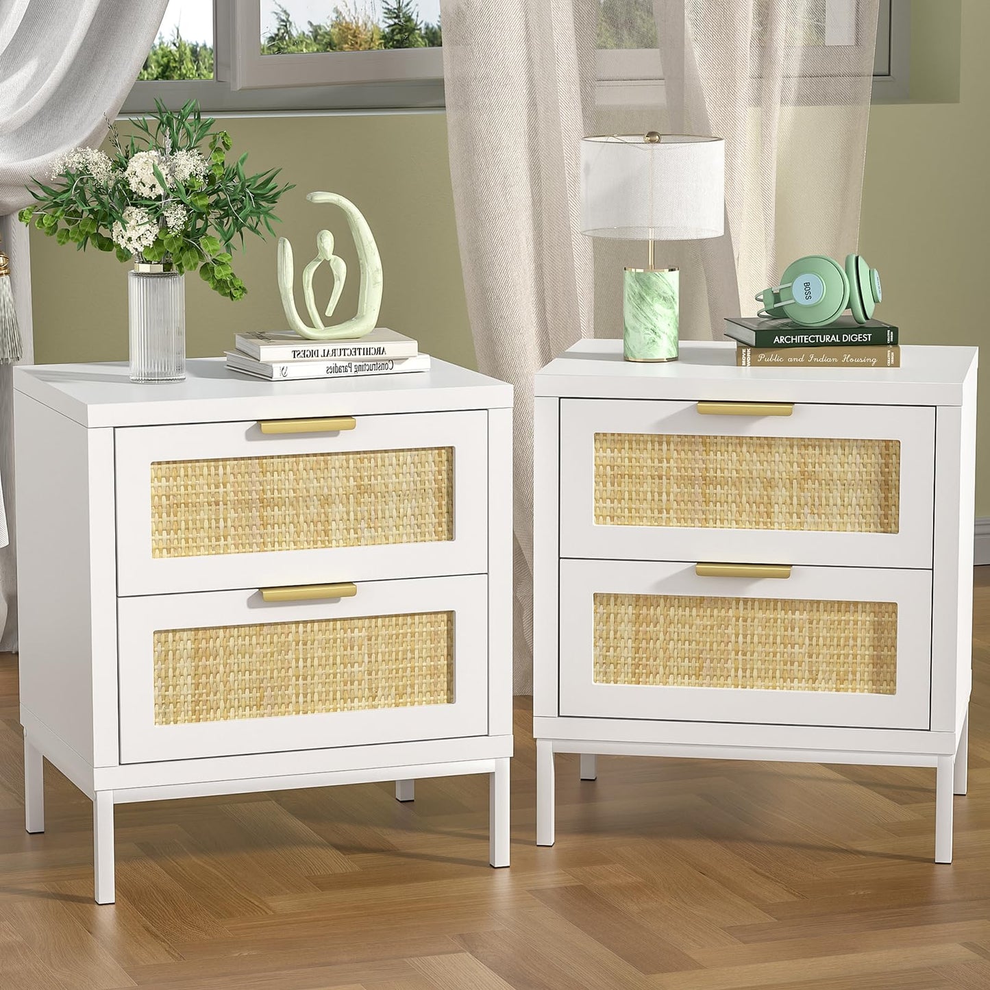 Yvsevnr Rattan Bedside Tables 2 Drawer Bedside Table Set of 2 White Wooden Bedside Locker Wood Bed Side Table for Bedroom, Living Room, Scandi Style,