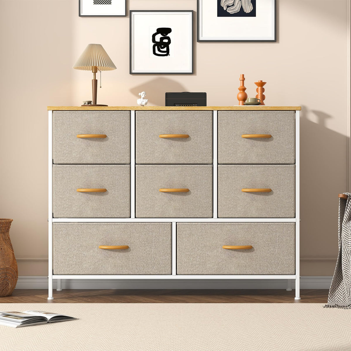 Feonase Chest of Drawers,Bedroom Dresser with 8 Fabric Drawers, Metal Frame & MDF Wood Top, Adjustable Feet, Storage Organizer Unit for Bedroom