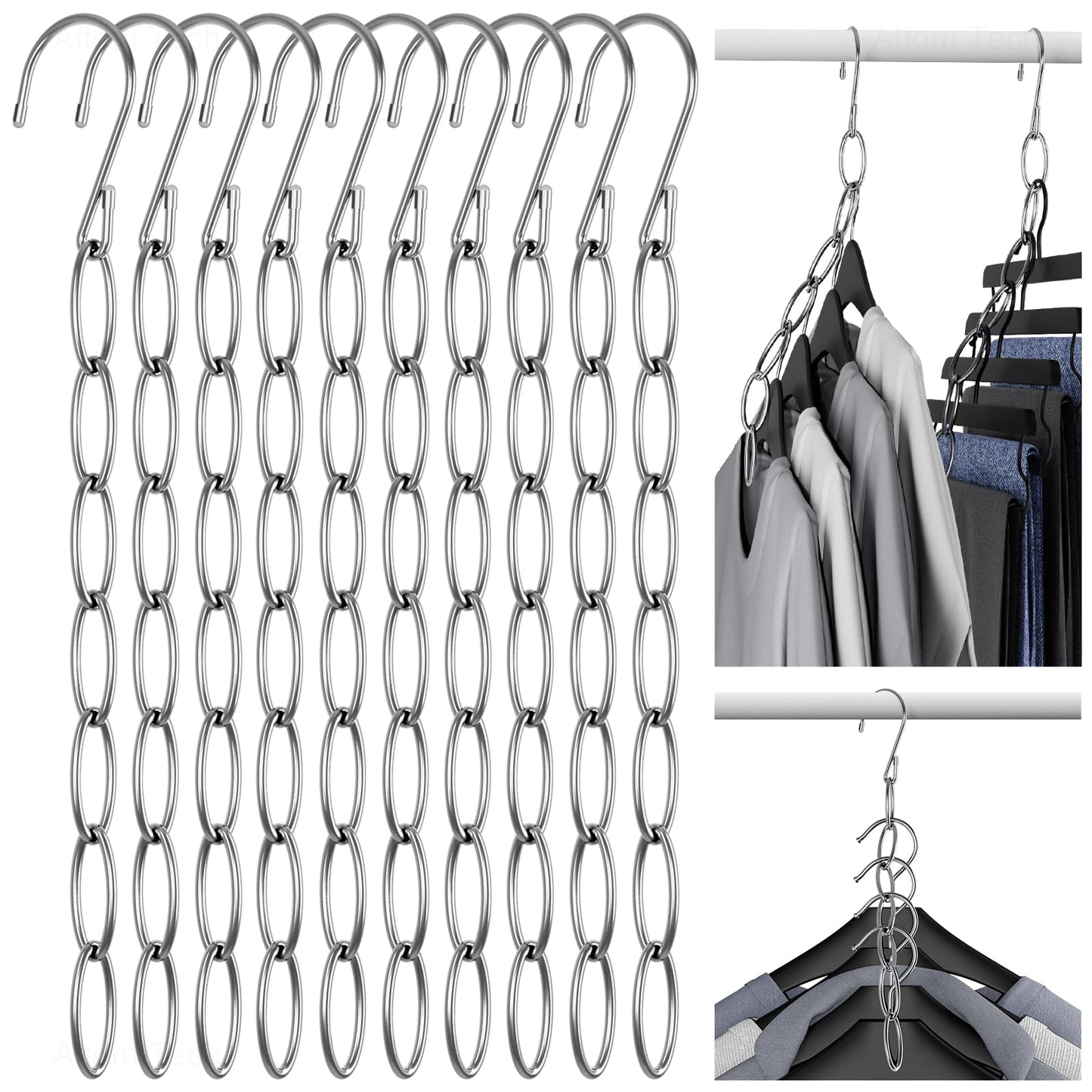 NiHome 10-Pack Space Saving Clothing Chain Hanger, Foldable Metal, Silver