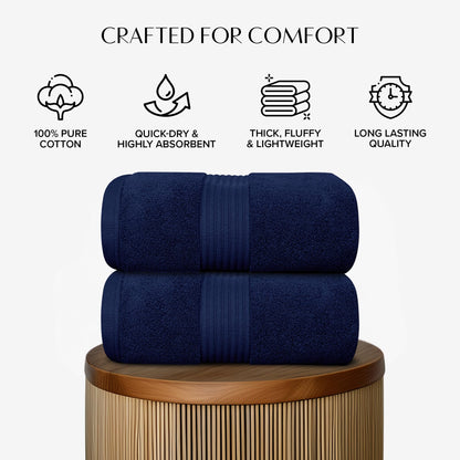 Luxury Set of 2 Jumbo Bath Sheets 100x150cm - Zero Twist 580 GSM (Navy)