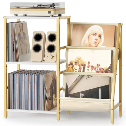 Bikoney Record Player Stand with 3-Tier Vinyl Storage for 200 LPs - Gold