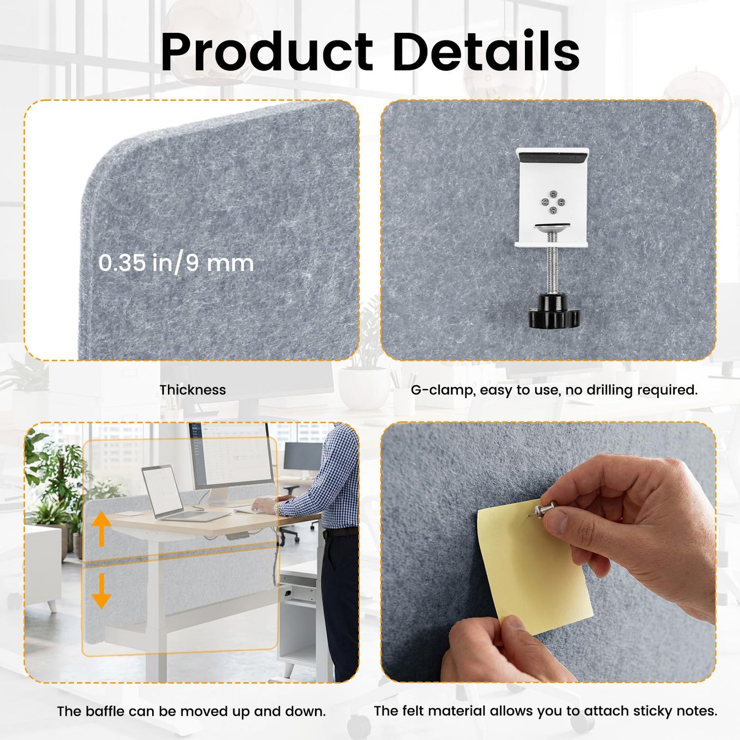 Felt Desk Divider, Clamp-On Privacy Panel, 60 x 60 cm, Light Grey
