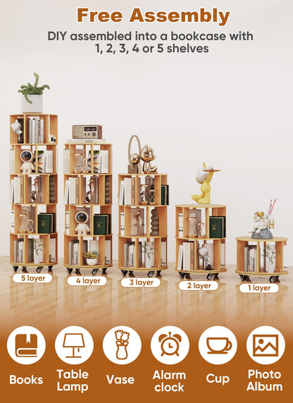 Suuiwau 5 Tier Rotating Bookshelf, 360° Revolving Bookcase with Wheels
