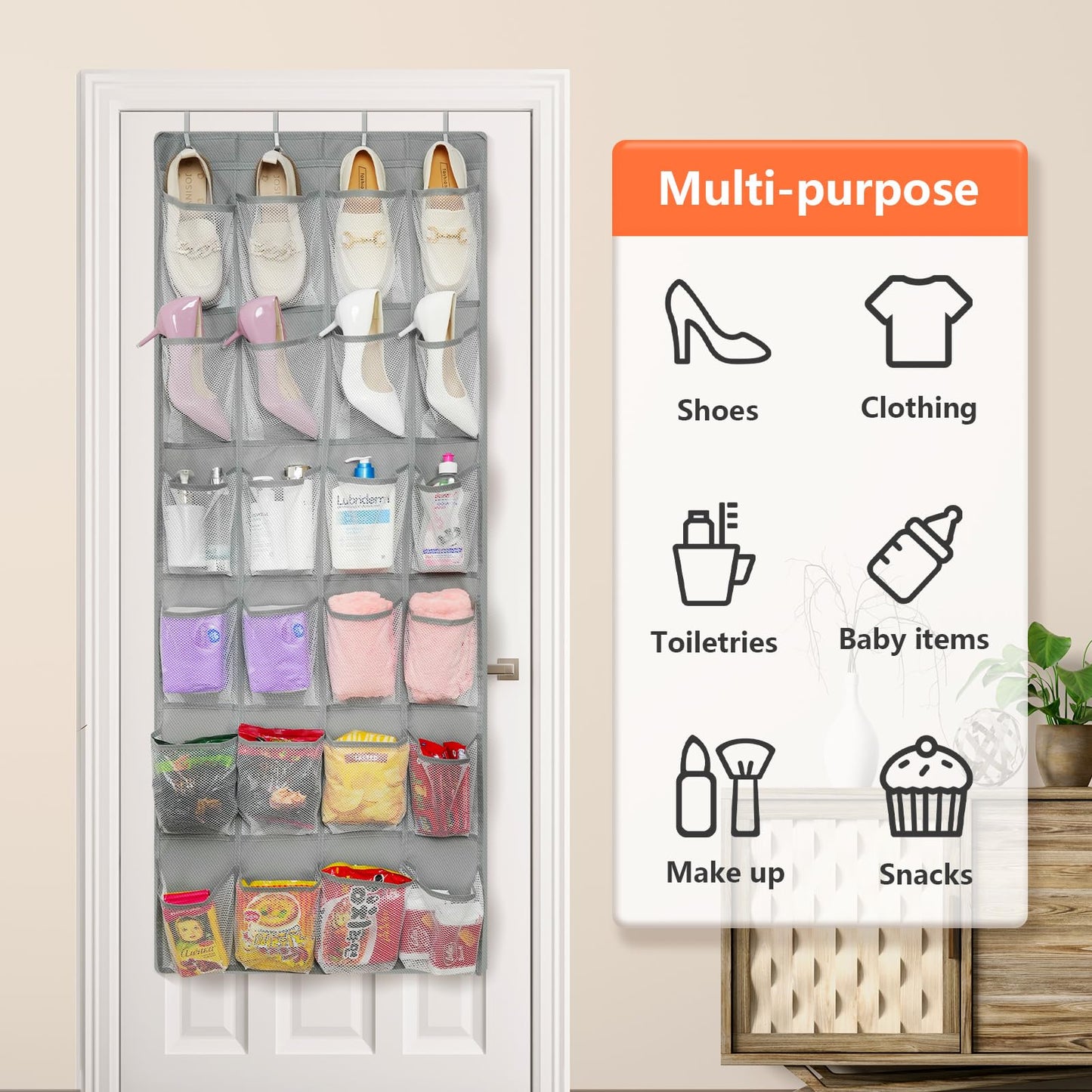 FENTEC Over Door Shoe Storage Organiser with 24 Large Mesh Pockets, Grey