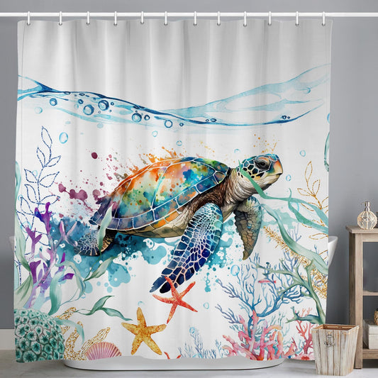 ASDCXZ Maritim Shower Curtain 180x200 cm, Watercolor Blue Sea Animals Turtle Starfish Nautical Colorful Washable Shower Curtains Polyester Textile