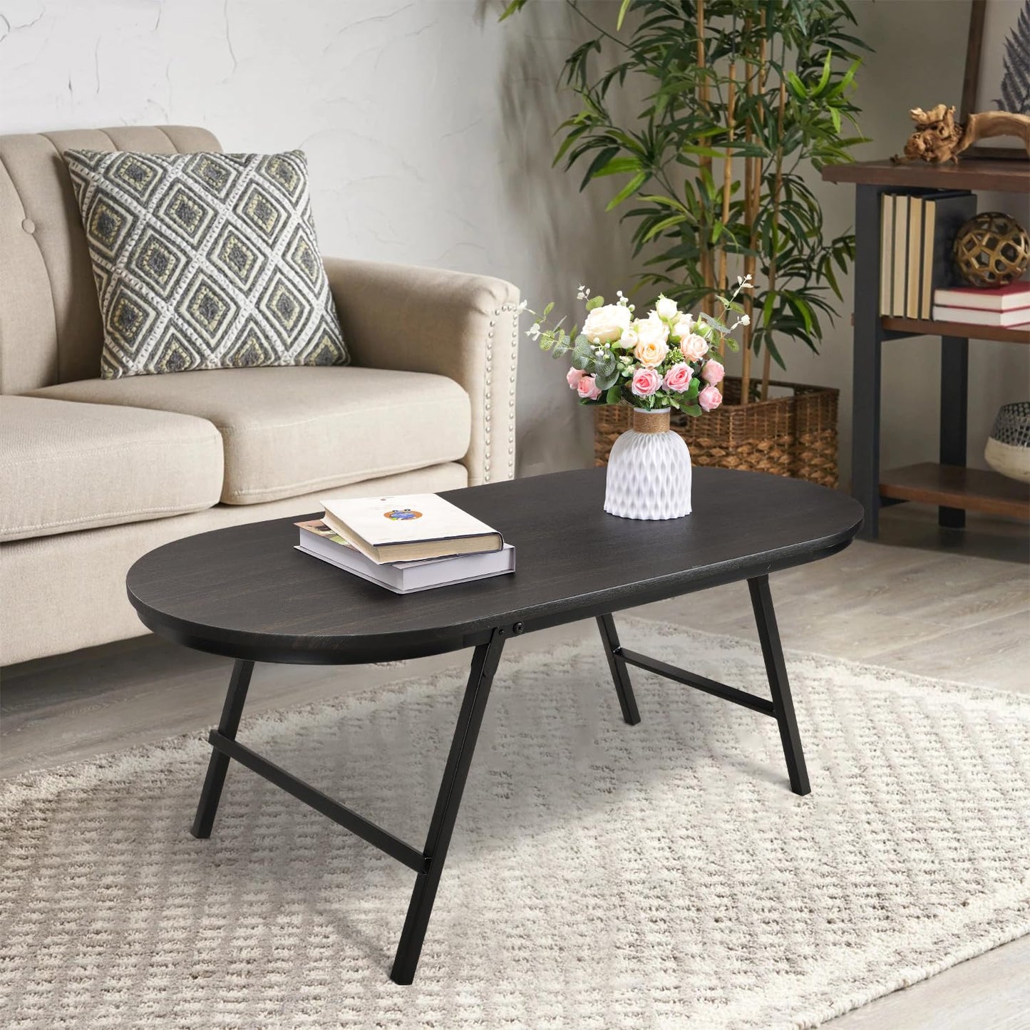 FEUFOAM Small Oval Coffee Table Wood and Metal Folding Low Coffee Tables with Safety Lock Portable Outdoor Table Floor Center Tables for Living Room