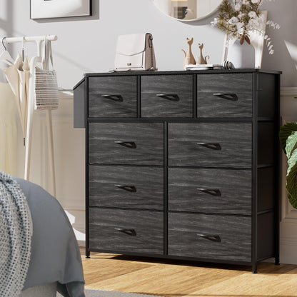 PURFINO Fabric Chest of Drawers - Canvas Storage Unit with 9 Drawers, Label Cards, Side Pocket & Hook for Living Room, Hallway, Bedroom