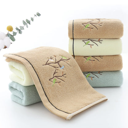 Pidada Hand Towels Set of 4 Embroidered Bird Tree Pattern 100% Cotton Absorbent Soft Decorative Towel for Bathroom 35 x 75 cm (Brown)