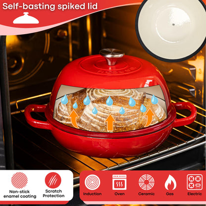 Enamelled Cast Iron Dutch Oven Pot  Dutch Oven For Sourdough Bread Baking  Cast Iron Bread Pot  Red, 6 Quarts, 22cm  by Nuovva