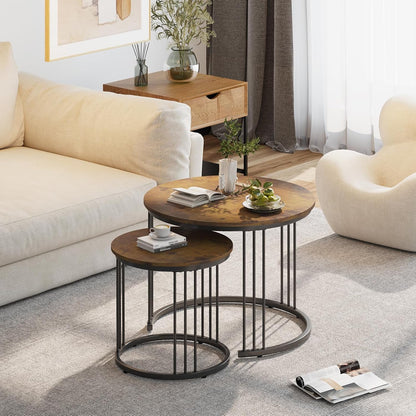 Huhote Round Coffee Tables, Set of 2 End Table, Nesting Tables, Side Table with Metal Frame for Living Room/Bedroom/Balcony/Office/Apartment
