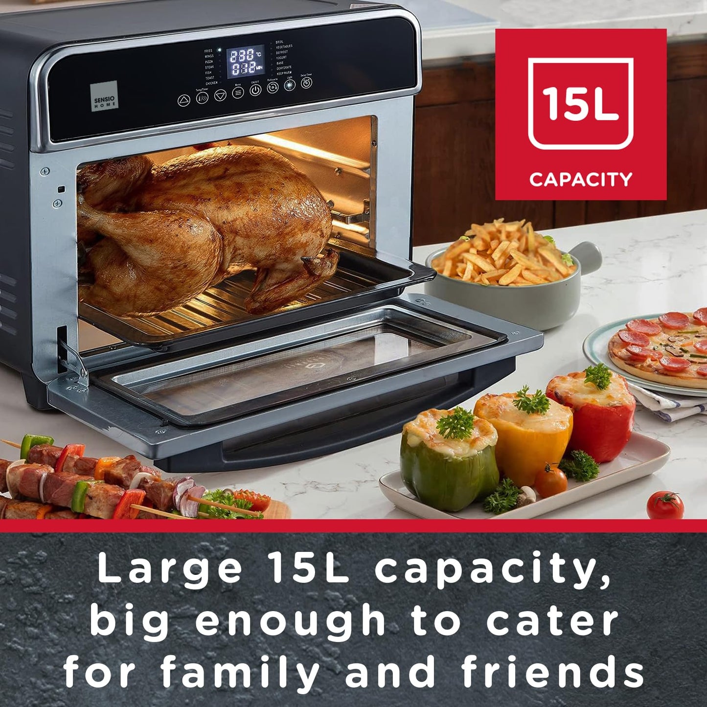 Sensio Home Gourmet Pro Clean Cook Air Fryer Oven - Dehydrator 1600W | 15L Capacity with Rotisserie Function and 14 Digital Preset Programs, Family