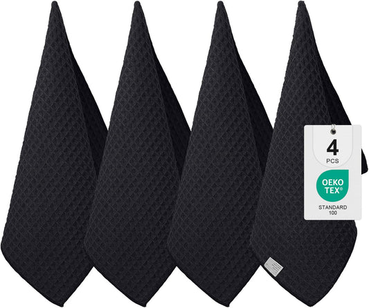 Moosfor Set of 4 Microfibre Cloths, Super Absorbent and Soft Tea Towels, Quick-Drying and Lint-Free Cleaning Cloths, 40 x 71 cm, Black