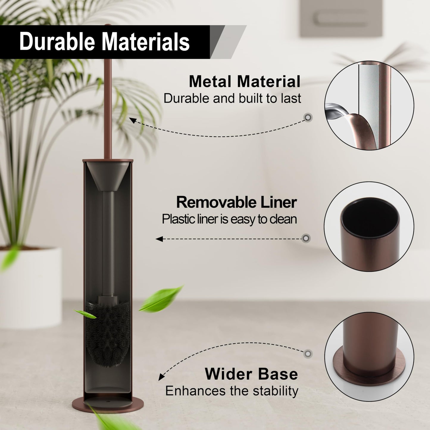 BVL Toilet Brush Rose Gold, Metal Toilet Brush Including 2 Brush Heads, Slim Design Toilet Brush Round for the Bathroom