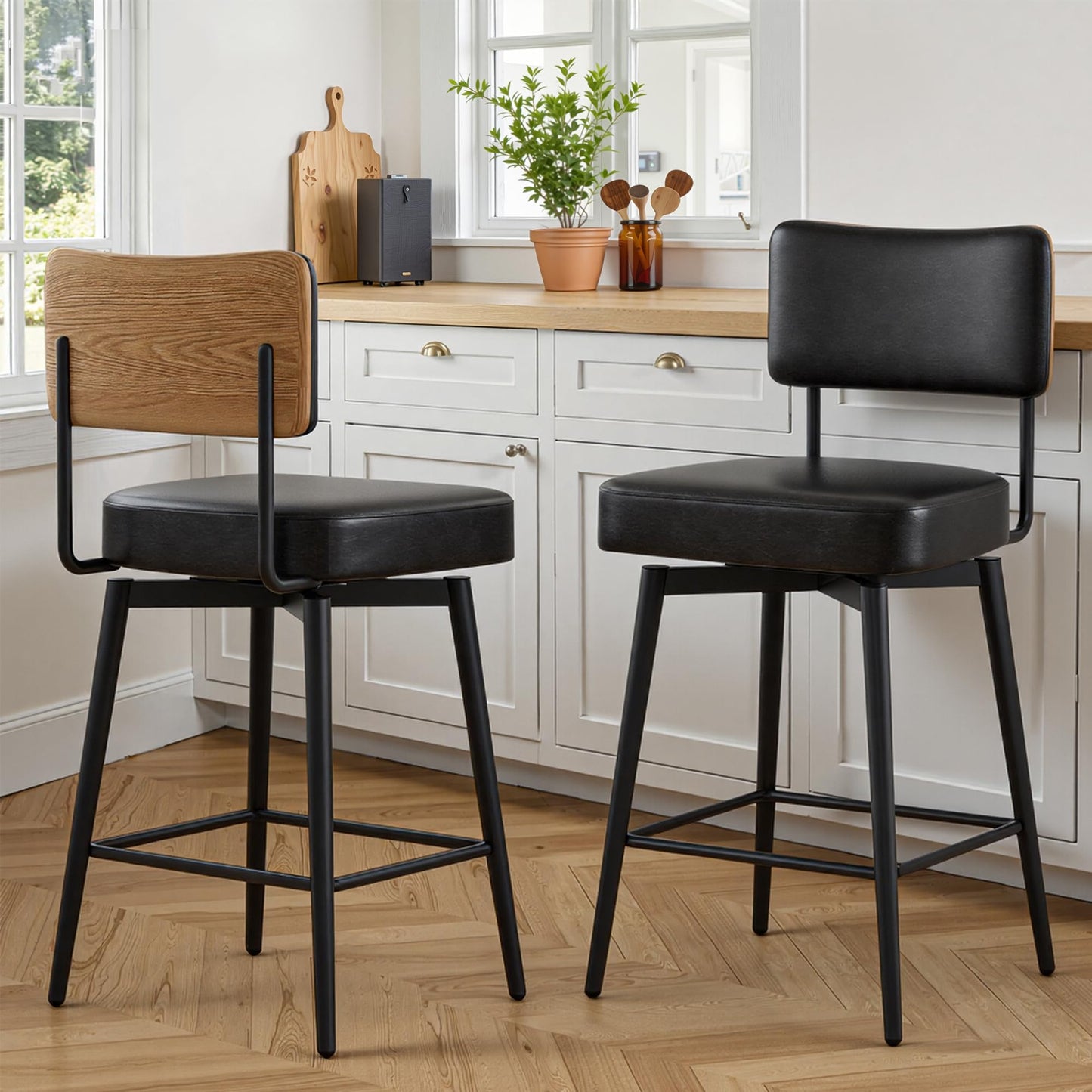 BonVache Bar Stools Set of 2, Swivel Breakfast Barstools, Kitchen Island Counter Stools for Breakfast Home Kitchen Restaurant Dining Room, Black