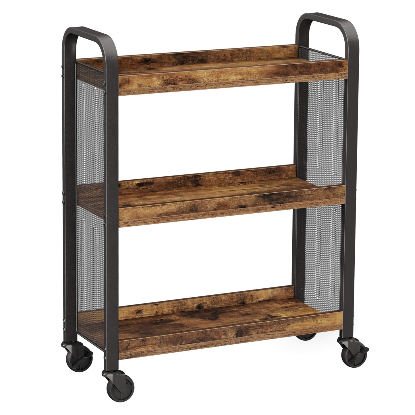 VASAGLE Industrial Style Lunch Trolley, Space-Saving Trolley Fixed or with Universal Wheels, Kitchen Shelf with Iron Frame, 66 x 26 x 85 cm, Vintage Brown LRC66BX