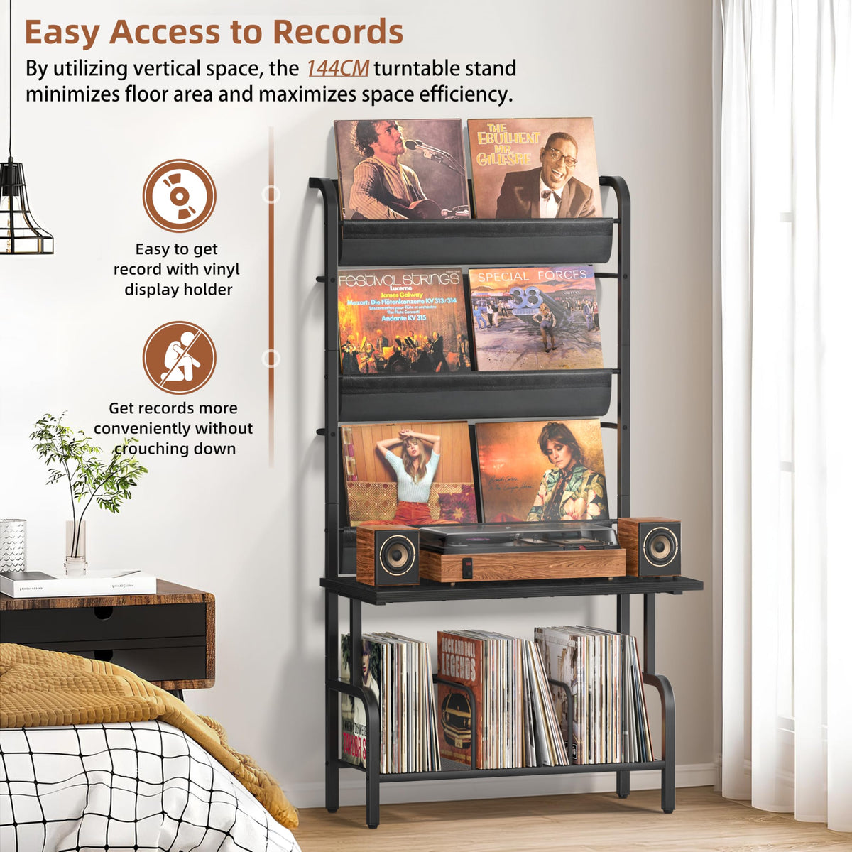 Bikoney Record Player Stand with Vinyl Storage for 300 LPs - Bigger Storage