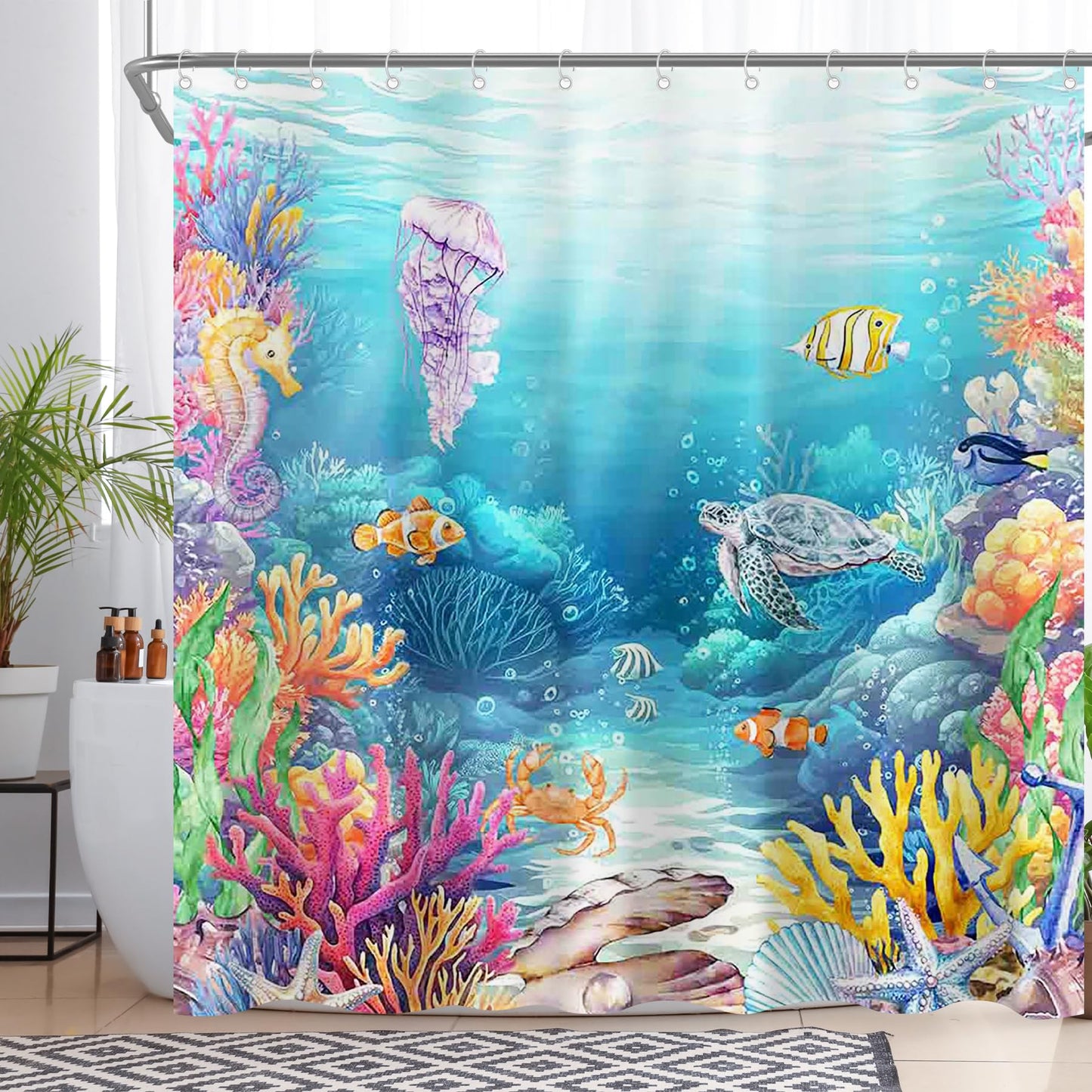 Luminora Summer Underwater World Shower Curtain for Bathroom Tropical Coral Shell Sea Turtles Jellyfish Kids Decorations Sets with 12 Hooks Waterproof
