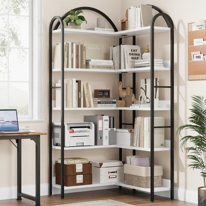 Crevyteg 68.5" Arched Industrial Corner Bookcase - 5-Tier Large Bookshelf with Wood Shelves and Metal Frame - Modern Storage Display for Home Office