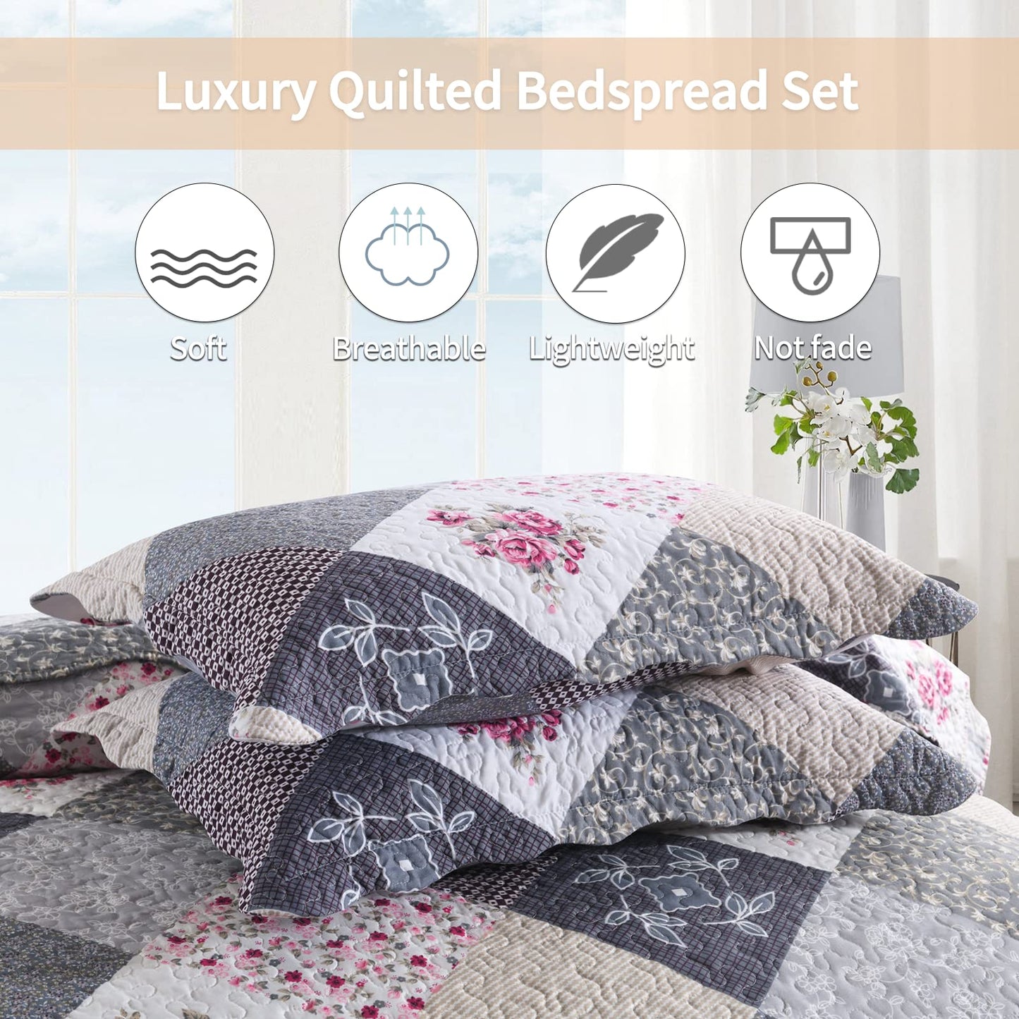 Qucover Bedspread Super King Size Lightweight Soft Microfiber Reversible Patchwork Quilted Bedspread, Elegant Rose Floral and Grey Checked Pattern