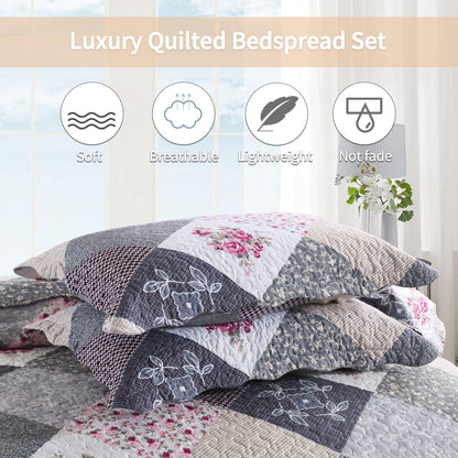 Qucover Bedspread Super King Size Lightweight Soft Microfiber Reversible Patchwork Quilted Bedspread, Elegant Rose Floral and Grey Checked Pattern