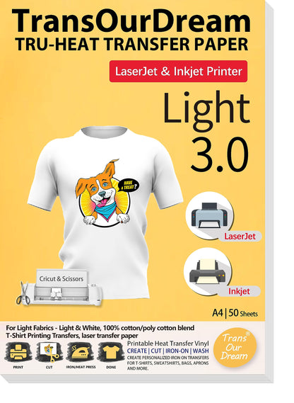 TransOurDream Tru-T Shirt Transfer Paper 50 Sheets A4 Iron On Transfers for Inkjet & Laser Printer Printable HTV Heat Transfer Vinyl for White and