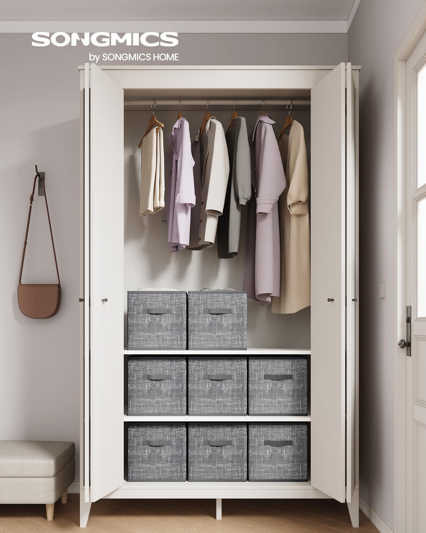 SONGMICS Storage Cubes, 33 cm Non-Woven Fabric Bins with Double Handles, Set of 8, Wardrobe Organisers for Shelves, Foldable, for Clothes, Cattail