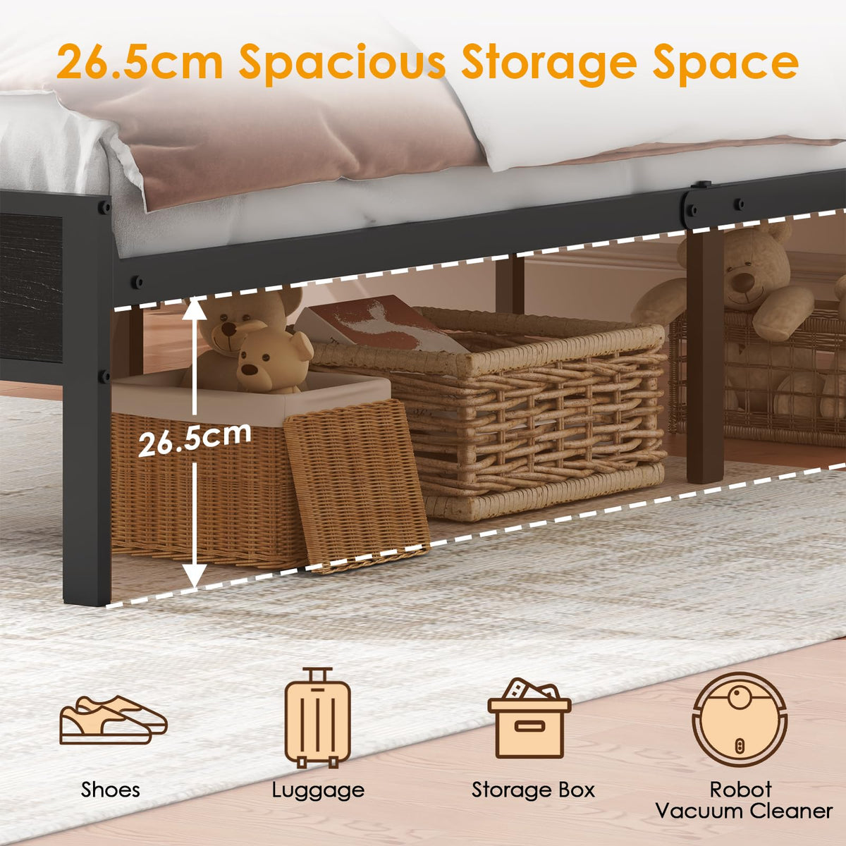 WOWTRELAX Double Bed Frame with Charging Headboard Storage Shelf 135x190cm