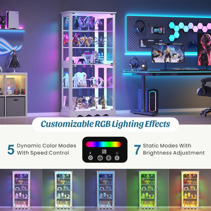FREDEES Glass Display Cabinet with Lock and RGB Lights, 5-Tier, White