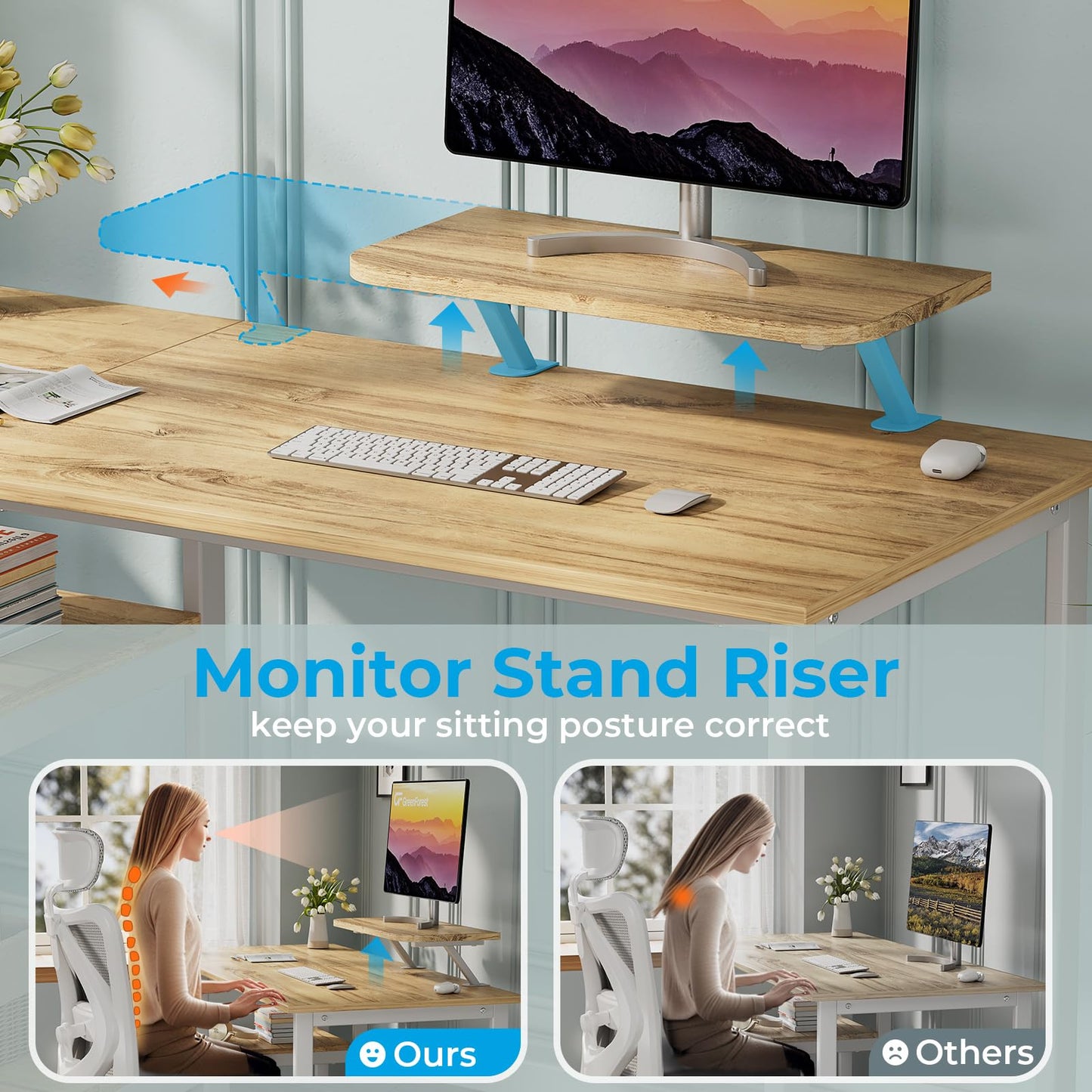 GreenForest Office Desk 140cm with Monitor Stand, Oak