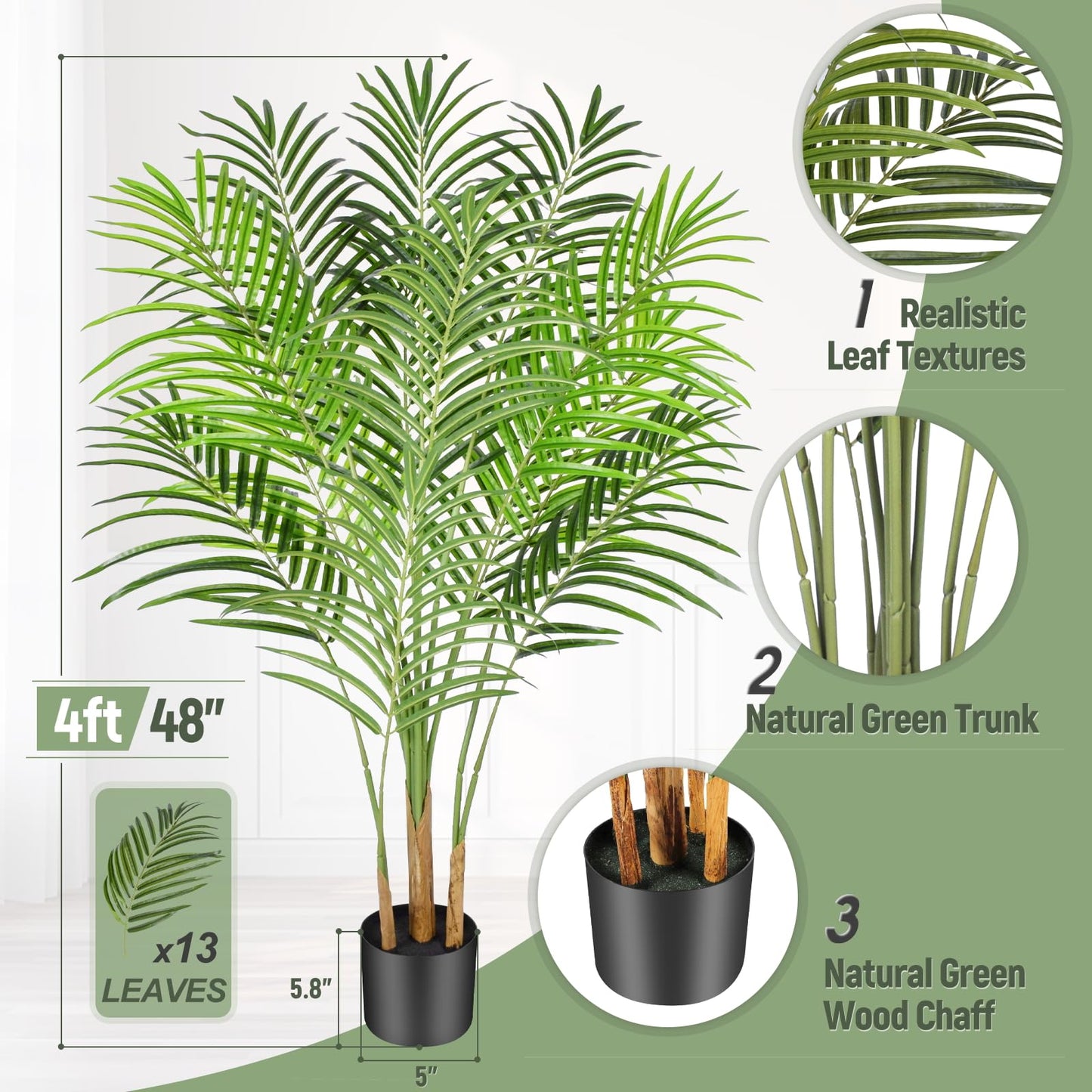 Keeplush Artificial Palm Tree 120cm Tall Fake Palm Tree Indoor Decor with 13 Trunks and Real Bark Design Faux Tropical Areca Palm Silk Floor Plant in