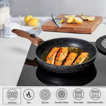 Kitchen Academy Non Stick Pots and Pans Set, Detachable Handle Induction Hob Pans Set,10 Piece Black Granite Cookware Set with Removable Handle