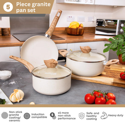 Non Stick Pots and Pans Set  Induction Hob Pots Set  5pcs Kitchen Cookware with Lids  Cooking Cream Granite Saucepan Pots and Frying Pans  by