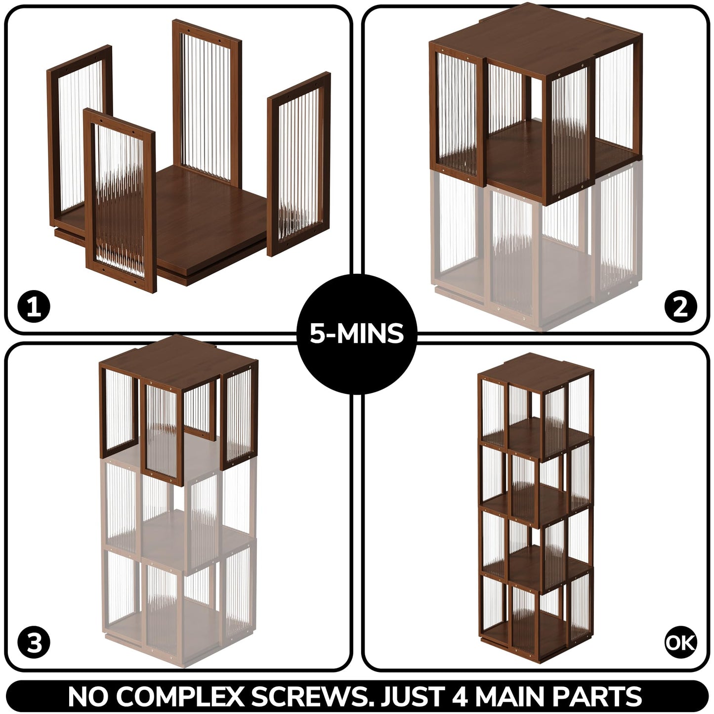 BAMEOS Rotating Bookshelf Tower 4 Tier，360°Storage Spinning Bookcase, Solid Wood Brown Cube Corner Bookshelf for Office, Bedroom and Living Room