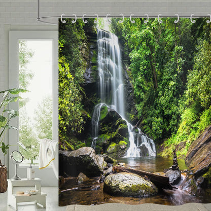 Hnmdmyi Forest Shower Curtain 240x180, Tropical Jungle Rainforest Green Tree Plant Nature Landscape Waterfall Scenery Bathroom Curtains Waterproof