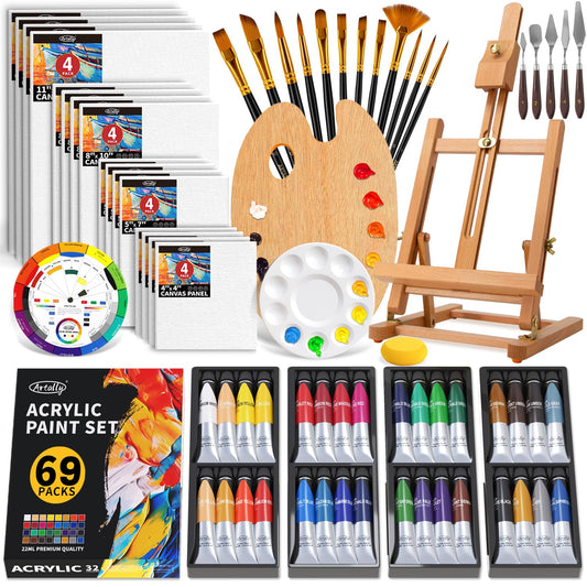 69-Piece Professional Acrylic Paint Set, Complete Painting kit with 32 Colours Paint(22ML), Wooden Tabletop Easel, 12 Paint Brushes, 16 Canvas, Art