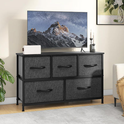 DWVO Chest of Drawers, 5 Fabric Drawers Bedroom Cabinet,Dresser for Bedroom,Living Room With Handles,Wood Top and Sturdy Steel Frame, Black Grey