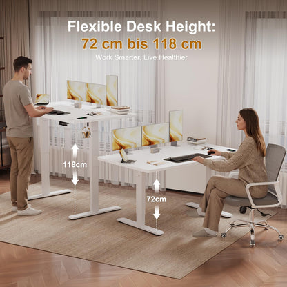 JUMMICO Height-Adjustable Desk 140 x 70 cm with Cable Tray, Height-Adjustable Electric Standing Desk with USB Socket, Computer Desk