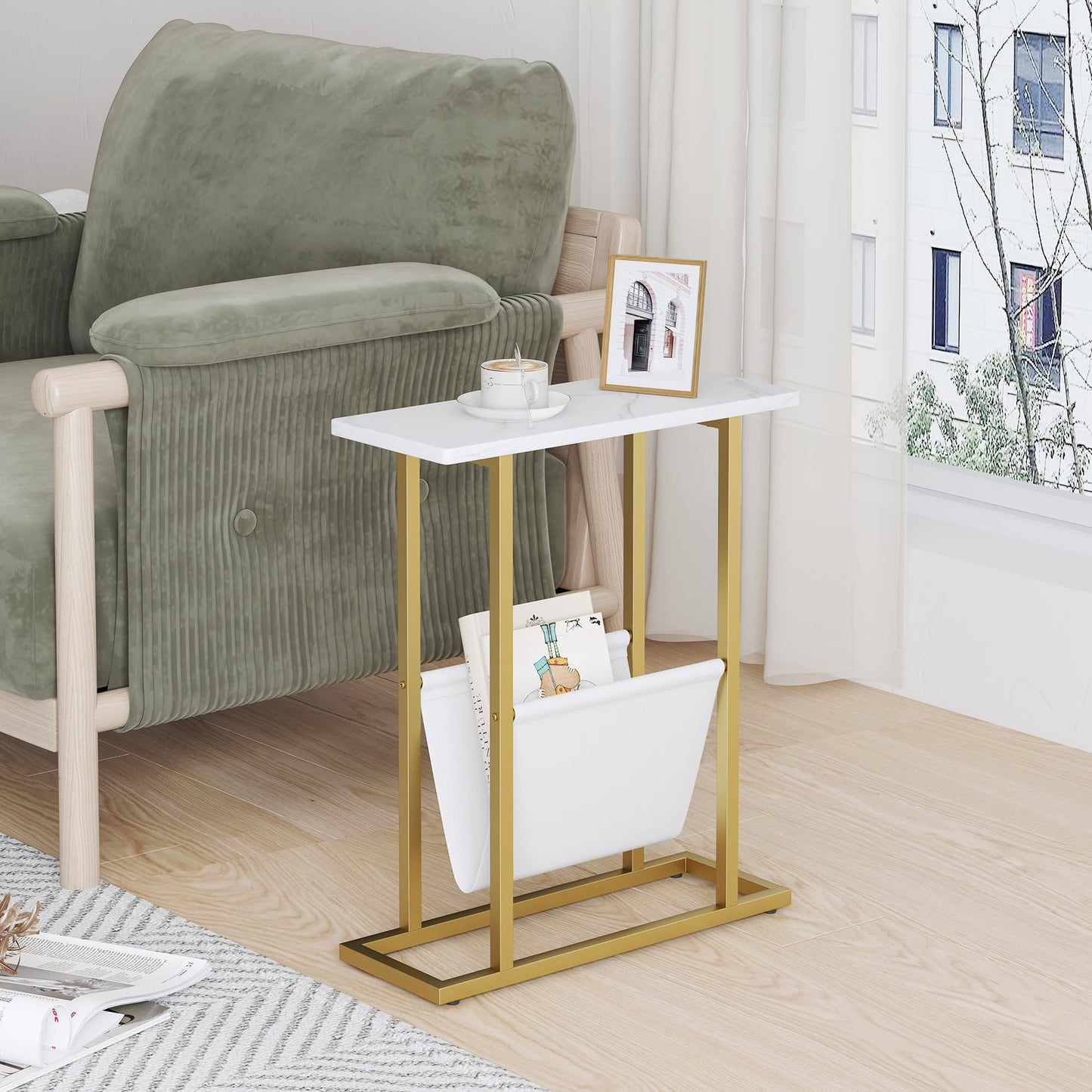 Yusong Small Narrow Side Table for Small Spaces, Slim End Table Magazine Table Nightstand with Storage Holder