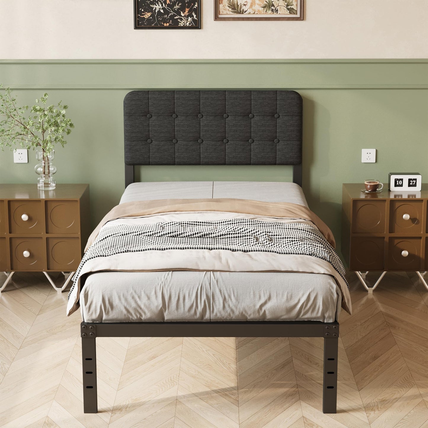 Lutown-Teen Single Bed Frame with Black Upholstered Headboard